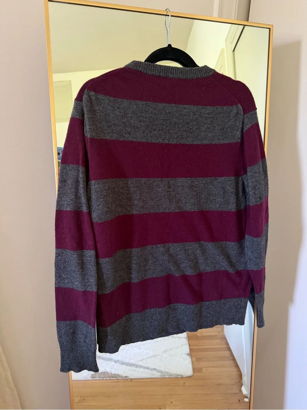 J. Crew lambswool Men's Burgundy and Gray Striped Crewneck Sweater